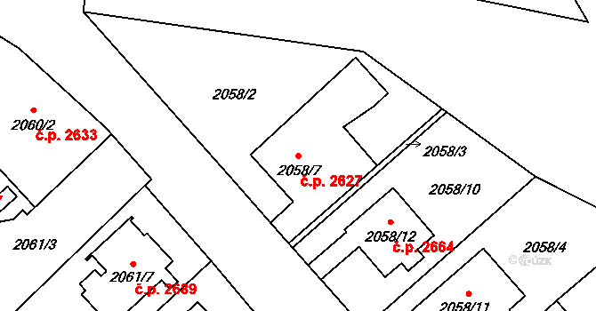 Předměstí 2627, Opava na parcele st. 2058/7 v KÚ Opava-Předměstí, Katastrální mapa