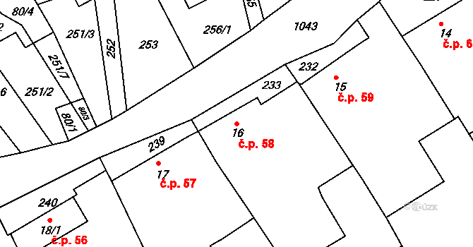 Leskovec 58, Březová na parcele st. 16 v KÚ Leskovec u Vítkova, Katastrální mapa