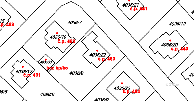 Choceňské Předměstí 483, Vysoké Mýto na parcele st. 4036/22 v KÚ Vysoké Mýto, Katastrální mapa