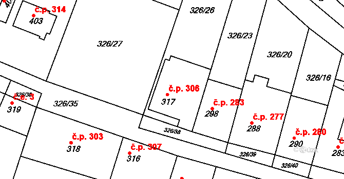 Hýskov 306 na parcele st. 317 v KÚ Hýskov, Katastrální mapa