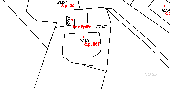 Vinoř 867, Praha na parcele st. 213/1 v KÚ Vinoř, Katastrální mapa