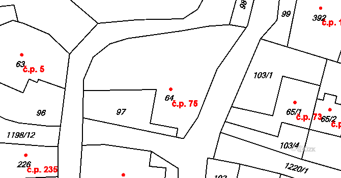 Mořkov 75 na parcele st. 64 v KÚ Mořkov, Katastrální mapa