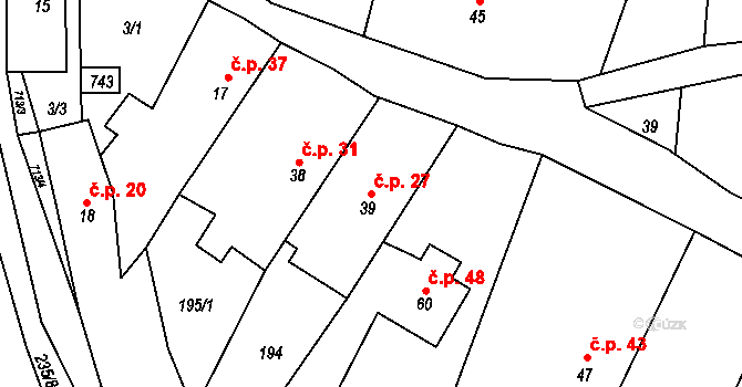Tojice 27 na parcele st. 39 v KÚ Tojice, Katastrální mapa
