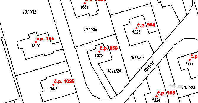 Červený Kostelec 959 na parcele st. 1322 v KÚ Červený Kostelec, Katastrální mapa