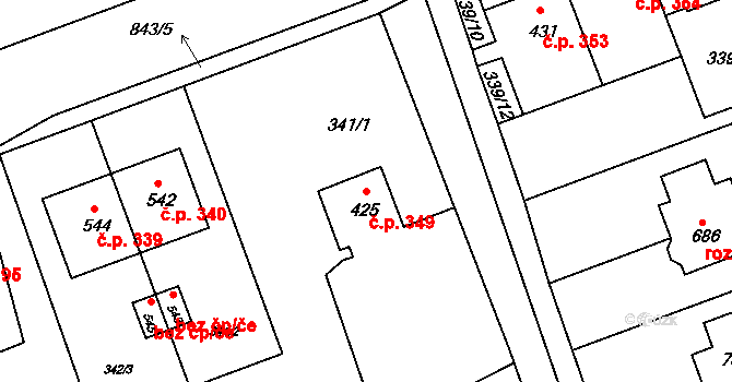 Olšany u Prostějova 349 na parcele st. 425 v KÚ Olšany u Prostějova, Katastrální mapa
