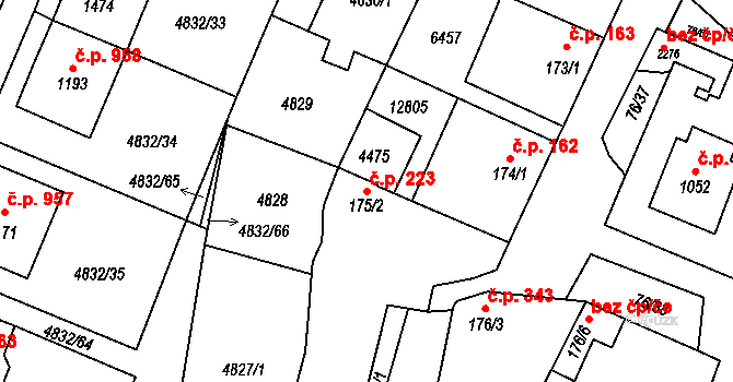 Hrušovany nad Jevišovkou 223 na parcele st. 175/2 v KÚ Hrušovany nad Jevišovkou, Katastrální mapa