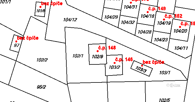 Černotín 148 na parcele st. 102/9 v KÚ Černotín, Katastrální mapa