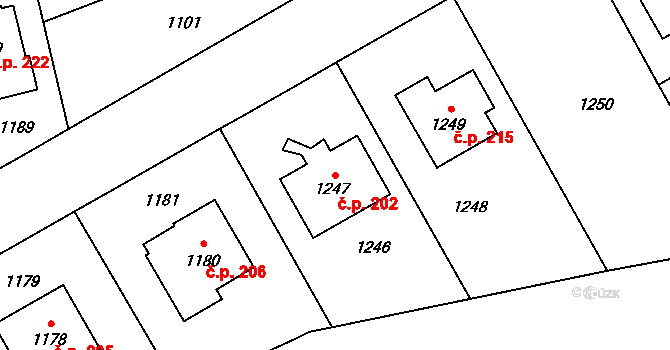 Přerov XII-Žeravice 202, Přerov na parcele st. 1247 v KÚ Žeravice, Katastrální mapa