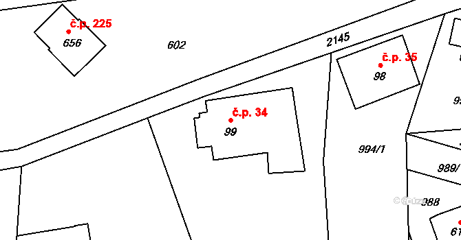Alšovice 34, Pěnčín na parcele st. 99 v KÚ Alšovice, Katastrální mapa