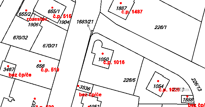 Říčany 1016 na parcele st. 1050 v KÚ Říčany u Prahy, Katastrální mapa