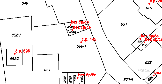 Doksy 445 na parcele st. 650/1 v KÚ Doksy u Máchova jezera, Katastrální mapa