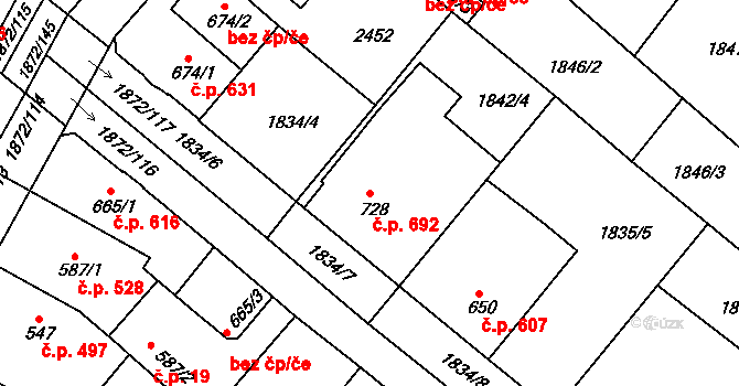 Tišnov 692 na parcele st. 728 v KÚ Tišnov, Katastrální mapa