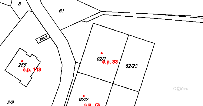 Charvatce 33 na parcele st. 92/1 v KÚ Charvatce u Jabkenic, Katastrální mapa