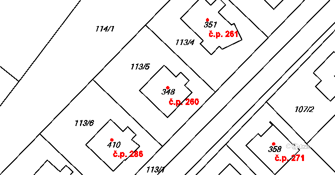 Přílepy 260 na parcele st. 348 v KÚ Přílepy u Holešova, Katastrální mapa