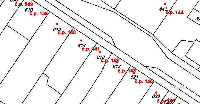 Křelov 142, Křelov-Břuchotín na parcele st. 616/1 v KÚ Křelov, Katastrální mapa