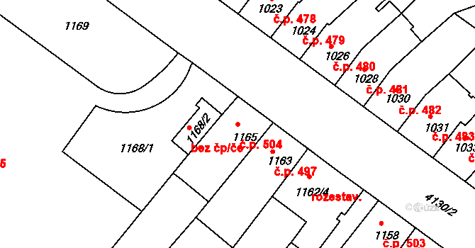 Roudnice nad Labem 504 na parcele st. 1165 v KÚ Roudnice nad Labem, Katastrální mapa