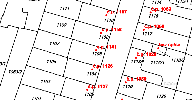 Roudnice nad Labem 1141 na parcele st. 1106 v KÚ Roudnice nad Labem, Katastrální mapa