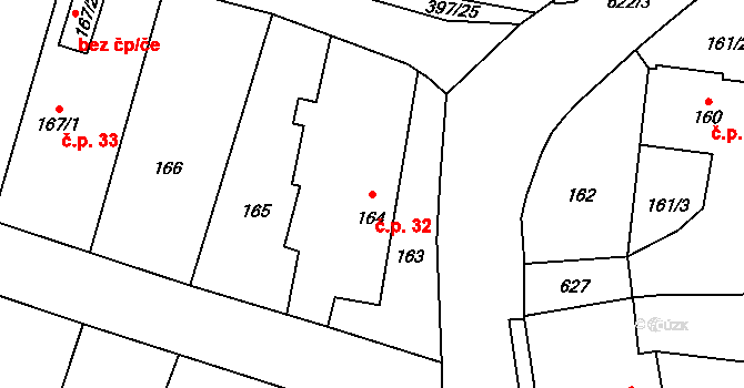 Milíčeves 32, Slatiny na parcele st. 164 v KÚ Milíčeves, Katastrální mapa