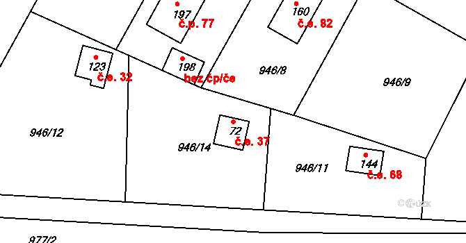 Bežerovice 37, Sudoměřice u Bechyně na parcele st. 72 v KÚ Bežerovice, Katastrální mapa