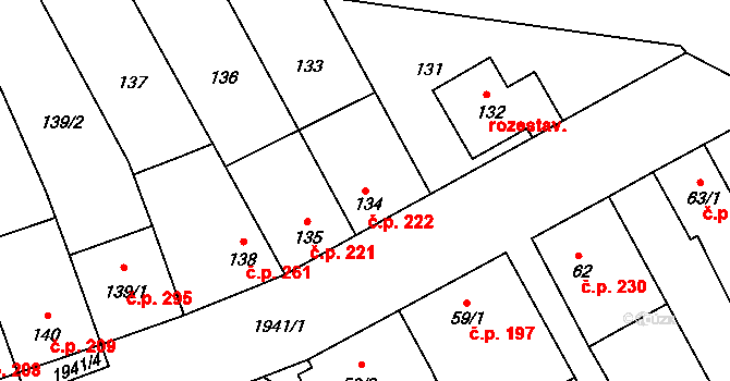 Bořitov 222 na parcele st. 134 v KÚ Bořitov, Katastrální mapa