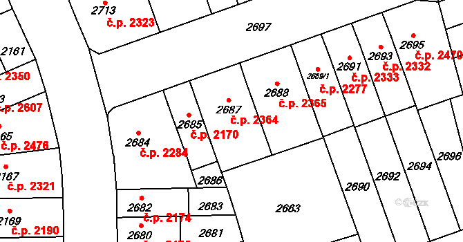 Židenice 2364, Brno na parcele st. 2687 v KÚ Židenice, Katastrální mapa