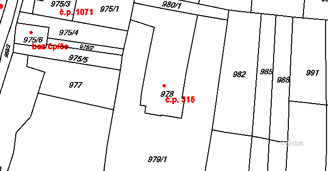 Komín 315, Brno na parcele st. 978 v KÚ Komín, Katastrální mapa