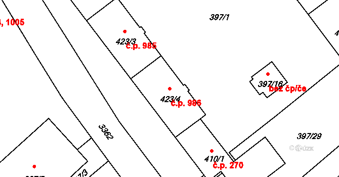 Pelhřimov 986 na parcele st. 423/4 v KÚ Pelhřimov, Katastrální mapa