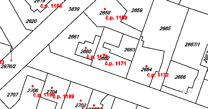 Horní Počernice 1171, Praha na parcele st. 2662 v KÚ Horní Počernice, Katastrální mapa