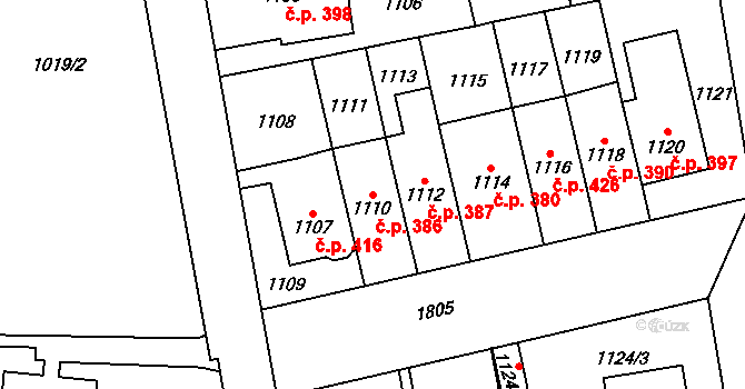 Kobylisy 386, Praha na parcele st. 1110 v KÚ Kobylisy, Katastrální mapa