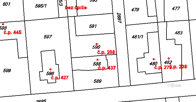 Kyje 208, Praha na parcele st. 590 v KÚ Kyje, Katastrální mapa