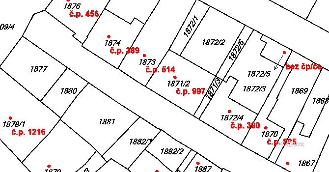 Mutěnice 997 na parcele st. 1871/2 v KÚ Mutěnice, Katastrální mapa