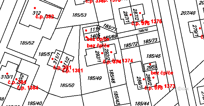Sezimovo Ústí 374 na parcele st. 292/1 v KÚ Sezimovo Ústí, Katastrální mapa