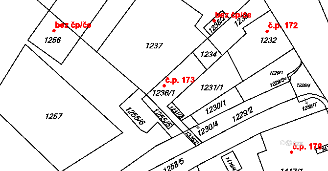 Fryštát 173, Karviná na parcele st. 1236/1 v KÚ Karviná-město, Katastrální mapa