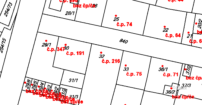 Doudlevce 216, Plzeň na parcele st. 32 v KÚ Doudlevce, Katastrální mapa
