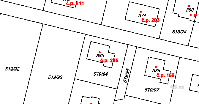 Horoušánky 205, Horoušany na parcele st. 380 v KÚ Horoušany, Katastrální mapa