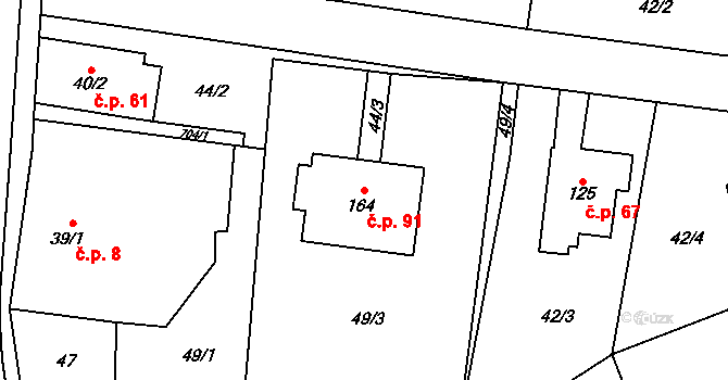 Milovice u Hořic 91 na parcele st. 164 v KÚ Milovice u Hořic, Katastrální mapa
