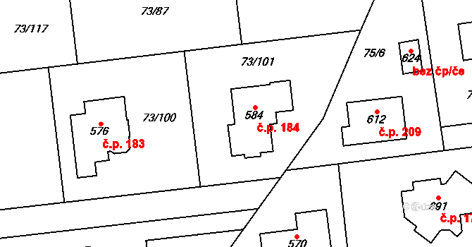 Sibřina 184 na parcele st. 584 v KÚ Sibřina, Katastrální mapa