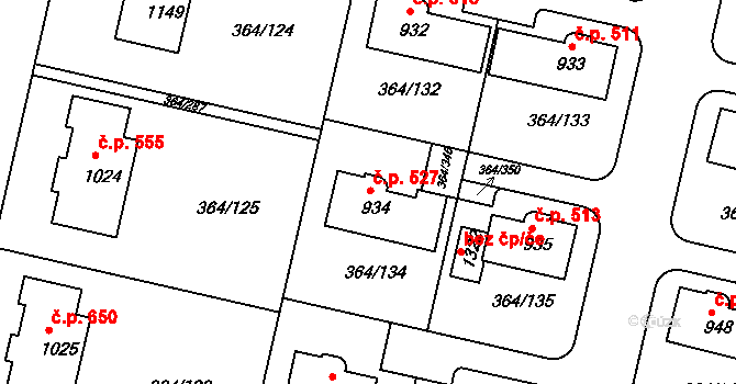 Nučice 527 na parcele st. 934 v KÚ Nučice u Rudné, Katastrální mapa
