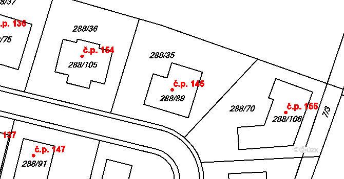 Pávov 145, Jihlava na parcele st. 288/89 v KÚ Pávov, Katastrální mapa