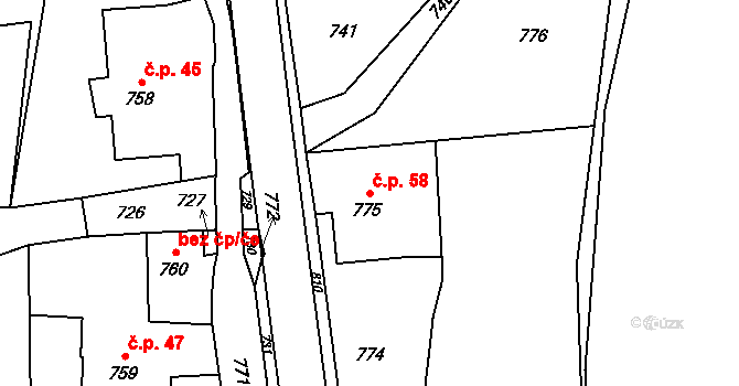 Zátor 58 na parcele st. 775 v KÚ Zátor, Katastrální mapa