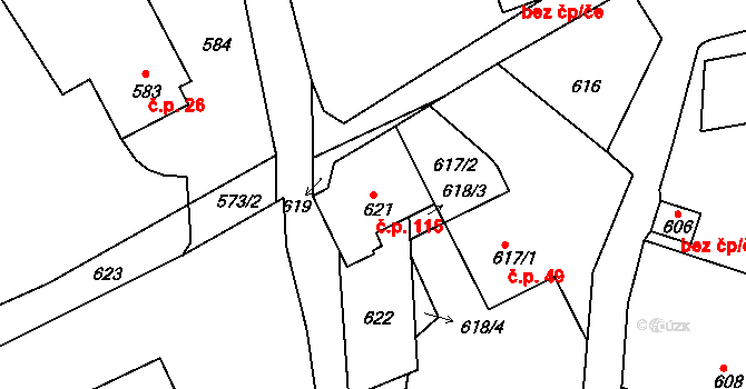 Domanín 115, Bystřice nad Pernštejnem na parcele st. 621 v KÚ Domanín u Bystřice nad Pernštejnem, Katastrální mapa