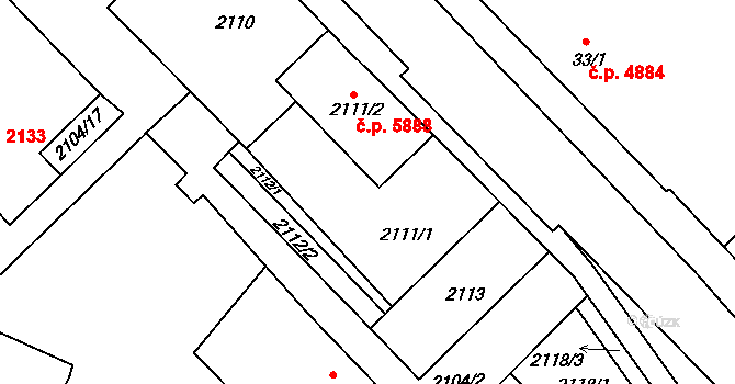 Chomutov 5888 na parcele st. 2111/2 v KÚ Chomutov II, Katastrální mapa