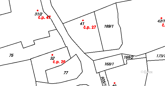 Předbořice 27, Kovářov na parcele st. 41 v KÚ Předbořice u Zahořan, Katastrální mapa