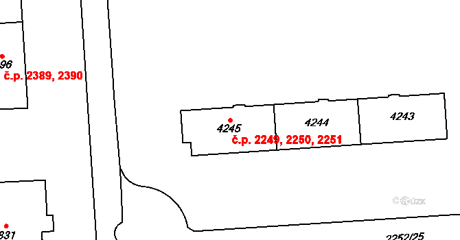 Zelené Předměstí 2249,2250,2251, Pardubice na parcele st. 4245 v KÚ Pardubice, Katastrální mapa