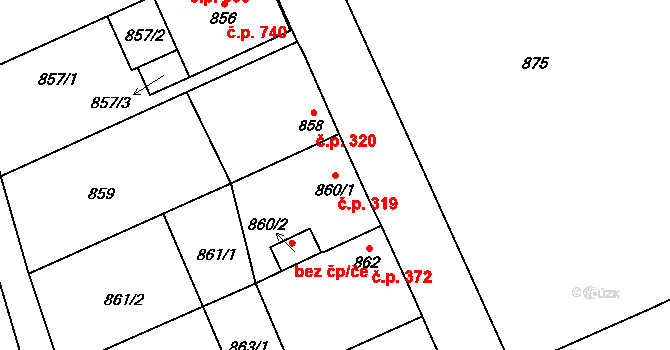 Jedovnice 319 na parcele st. 860/1 v KÚ Jedovnice, Katastrální mapa