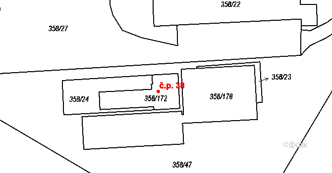 Tušimice 38, Kadaň na parcele st. 358/172 v KÚ Tušimice, Katastrální mapa