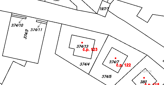 Vlčnov 123, Starý Jičín na parcele st. 374/13 v KÚ Vlčnov u Starého Jičína, Katastrální mapa