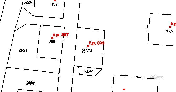 Příbor 839 na parcele st. 283/34 v KÚ Klokočov u Příbora, Katastrální mapa