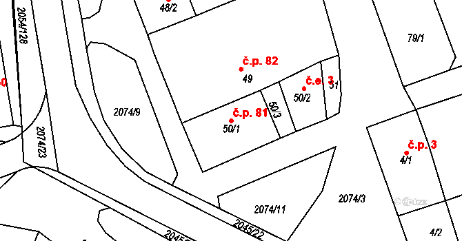 Merklín 81 na parcele st. 50/1 v KÚ Merklín u Přeštic, Katastrální mapa