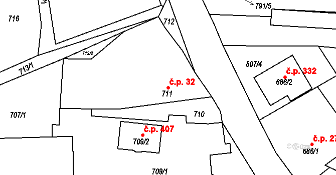 Senec 32, Zruč-Senec na parcele st. 711 v KÚ Senec u Plzně, Katastrální mapa